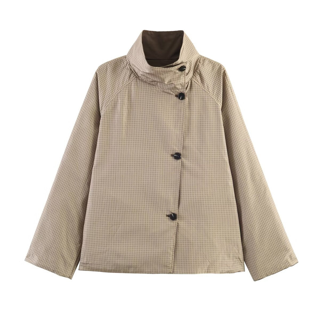 Damen Oversize-Kurzmantel mit hohem Stehkragen, Raglanärmeln und verdeckter Knopfleiste Nord Taschen