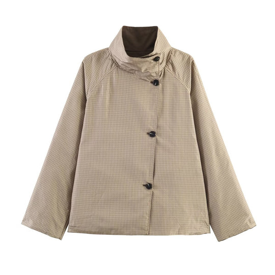 Damen Oversize-Kurzmantel mit hohem Stehkragen, Raglanärmeln und verdeckter Knopfleiste Nord Taschen