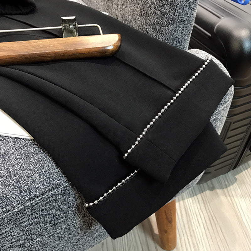 Damen Hochtaillierte Bundfaltenhose mit elastischem Bund und perlenbesetztem Saum Nord Taschen