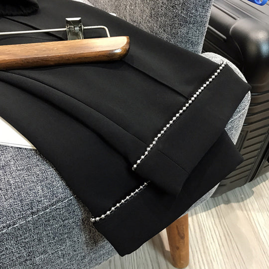 Damen Hochtaillierte Bundfaltenhose mit elastischem Bund und perlenbesetztem Saum Nord Taschen