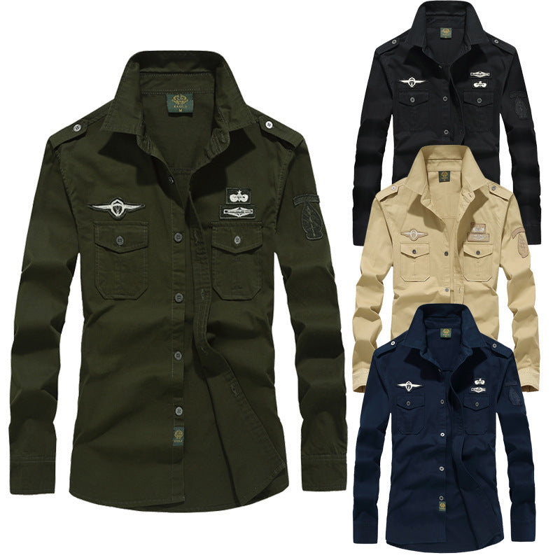 Herren  militärisch inspiriertes Langarm-Utility-Hemd mit Schulterklappen, aufgesetzten Brusttaschen und Abzeichen Nord Taschen