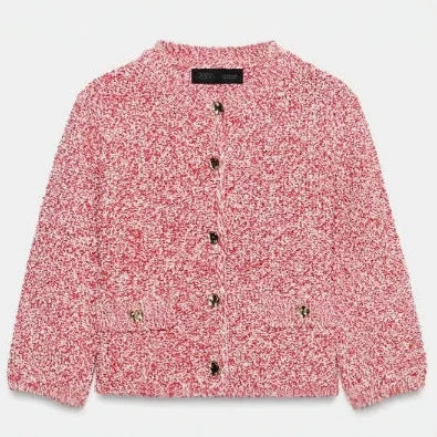 Damen Bouclé‑Strickjacke im Cropped‑Boxy‑Cut mit Zierknöpfen und Pattentaschen Nord Taschen