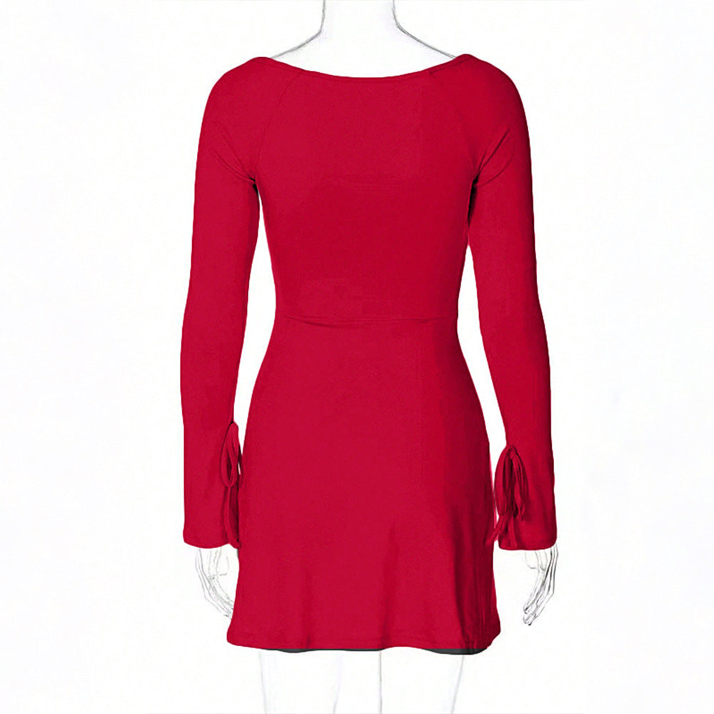 Damen figurbetontes Minikleid mit quadratischem Ausschnitt langen Ärmeln Bindbändern an den Ärmelabschlüssen und seitlichem Schlitz Nord Taschen