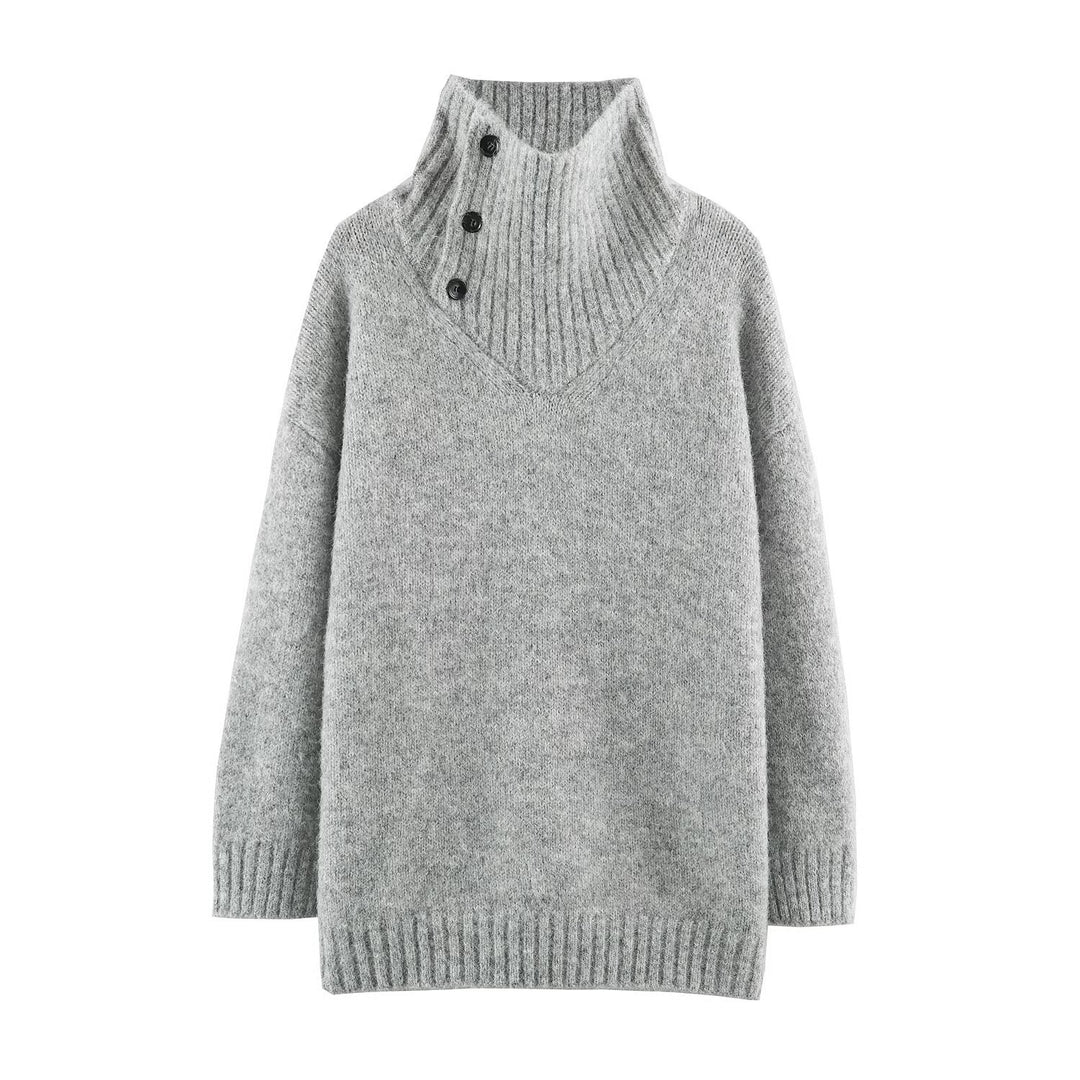 Damen Oversized Strickpullover mit hohem Rippkragen, Knopfdetail und V‑Ausschnitt Nord Taschen