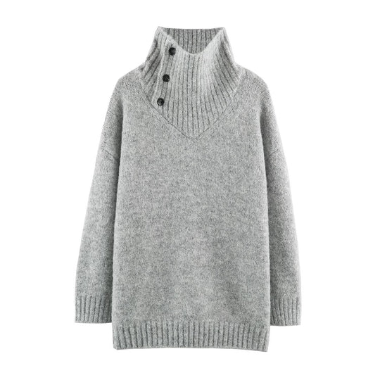 Damen Oversized Strickpullover mit hohem Rippkragen, Knopfdetail und V‑Ausschnitt Nord Taschen