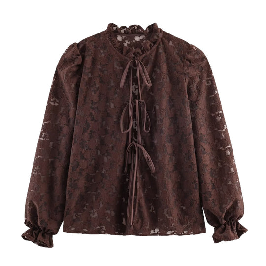 Damen Semi-transparente Jacquard‑Spitzenbluse mit Stehvolant, Kordelbindern und Ballonärmeln Nord Taschen