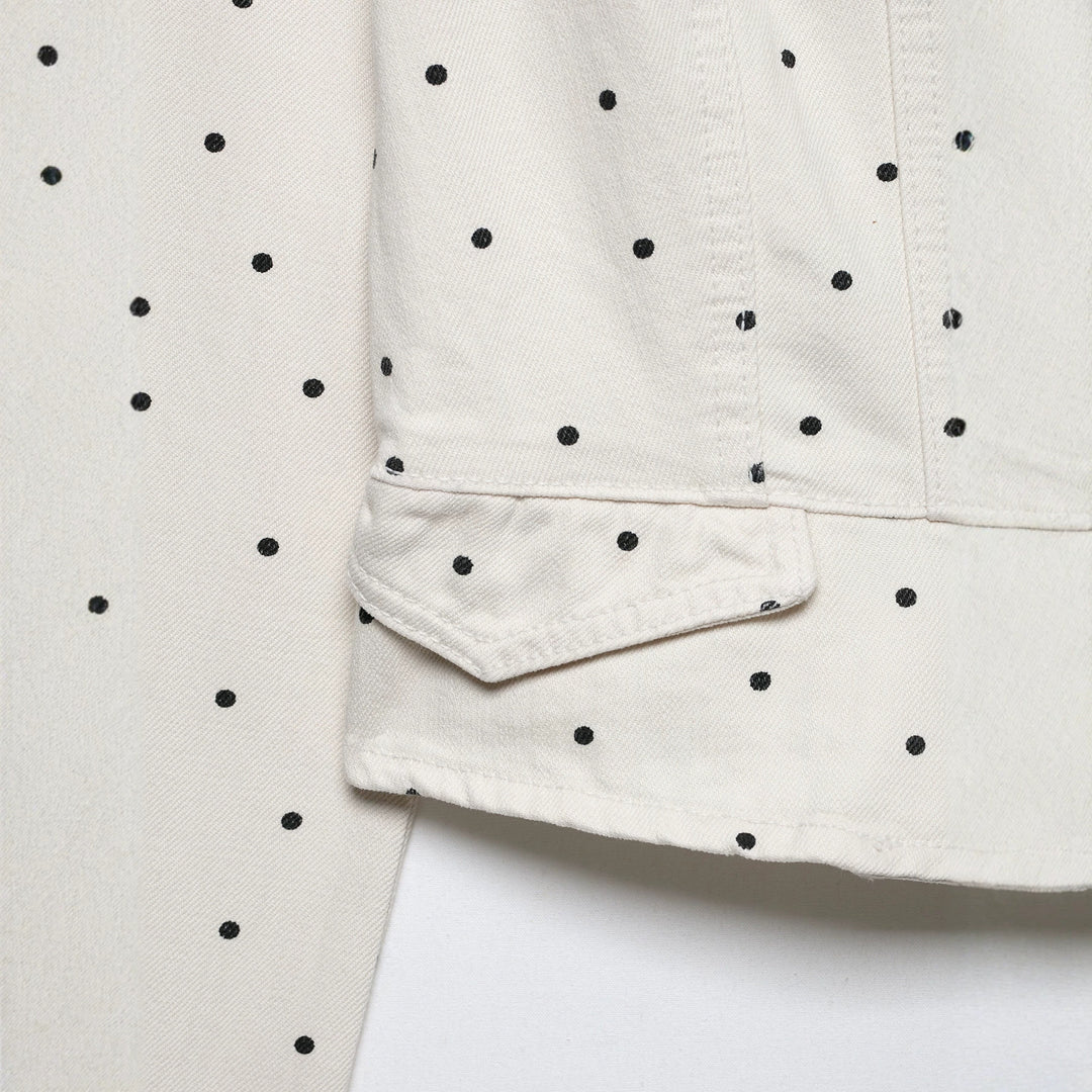 Damen Gepunktete Cropped Jeansjacke mit Stehkragen, Reißverschluss und Pattentaschen Nord Taschen
