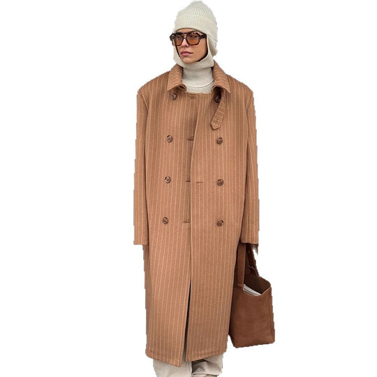Damen Doppelreihiger Oversize-Wollmixmantel mit Nadelstreifen und weitem Schnitt Nord Taschen