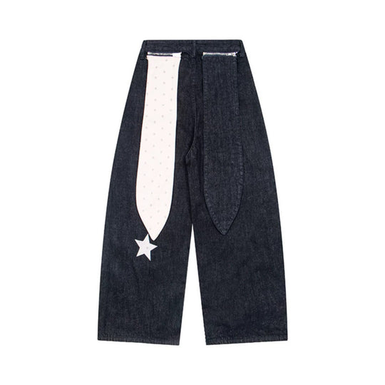 Damen Weite Denim-Palazzo-Jeans mit hohem Bund, Stern-Applikationen und Illustrativen Patches Nord Taschen