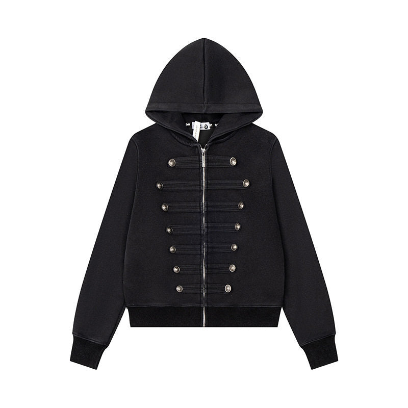 Damen Kapuzen-Sweatjacke mit militärischer Knopfverzierung und durchgehendem Reißverschluss Nord Taschen