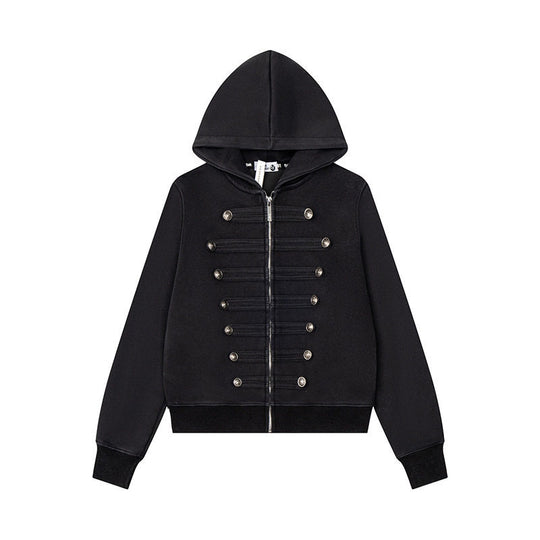 Damen Kapuzen-Sweatjacke mit militärischer Knopfverzierung und durchgehendem Reißverschluss Nord Taschen