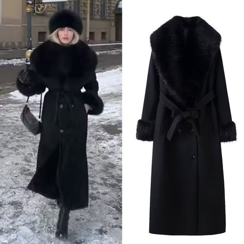 Damen Eleganter Wollmantel mit großem Kunstfellkragen und Bindegürtel Nord Taschen