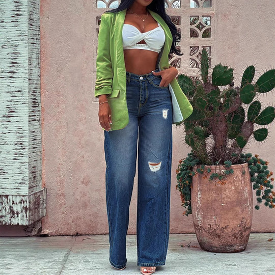 Damen Weite High-Waist Denim-Jeans im Wide‑Leg-Look mit gezielten Destroyed-Details Nord Taschen