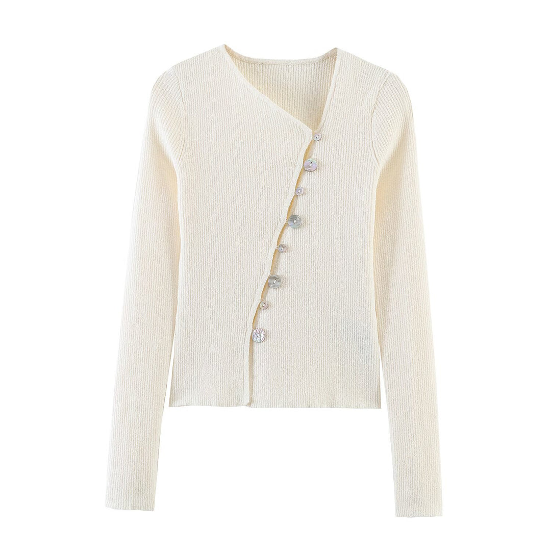 Damen Asymmetrischer Feinstrick-Cardigan mit Perlmuttknöpfen und gerippter Struktur Nord Taschen