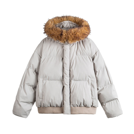 Damen Kurz geschnittene Steppjacke mit Kunstfellkapuze und elastischem Saum Nord Taschen