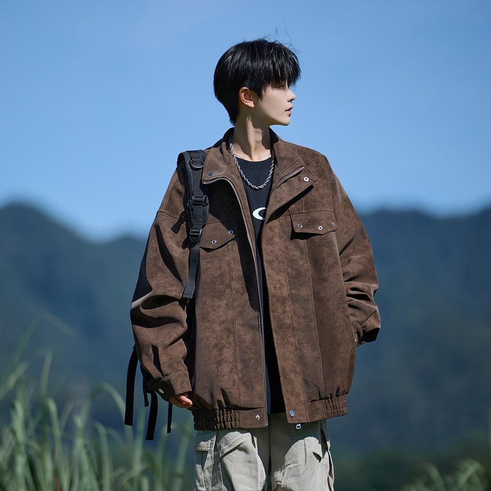 Herren Oversized Lederjacke mit weitem asymmetrischen Revers und Taillengürtel Nord Taschen