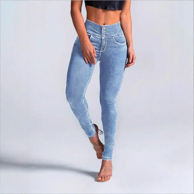 Damen High-Waist Sculpting-Skinny-Jeans mit taillenbildendem V-Bund und Doppelknopfverschluss Nord Taschen
