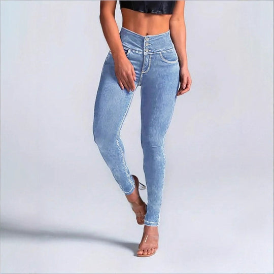 Damen High-Waist Sculpting-Skinny-Jeans mit taillenbildendem V-Bund und Doppelknopfverschluss Nord Taschen
