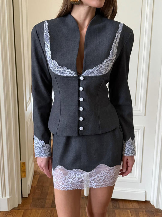 Damen Tailliertes Blazer- und Minirock-Set mit Spitzenbesatz Nord Taschen