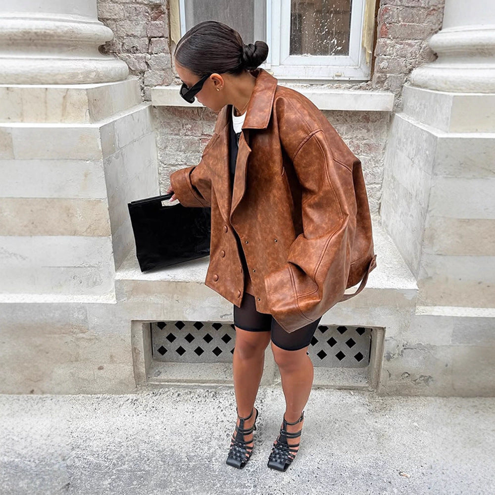Damen Cropped-Boxy Lederimitat-Mantel mit übergroßem Revers und doppelreihiger Knopfleiste Nord Taschen