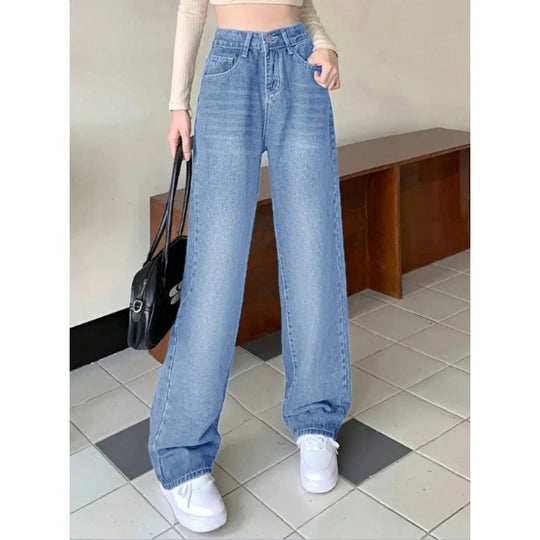 Damen weite High-Waist Baggy-Jeanshose mit geradem Bein Nord Taschen