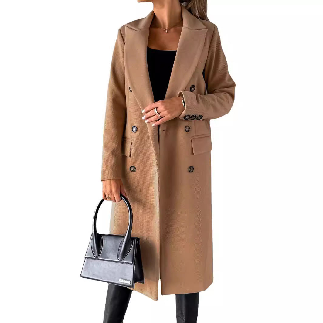 Damen Doppelreihiger Wollmantel im Longline‑Schnitt mit Reverskragen und Pattentaschen Nord Taschen