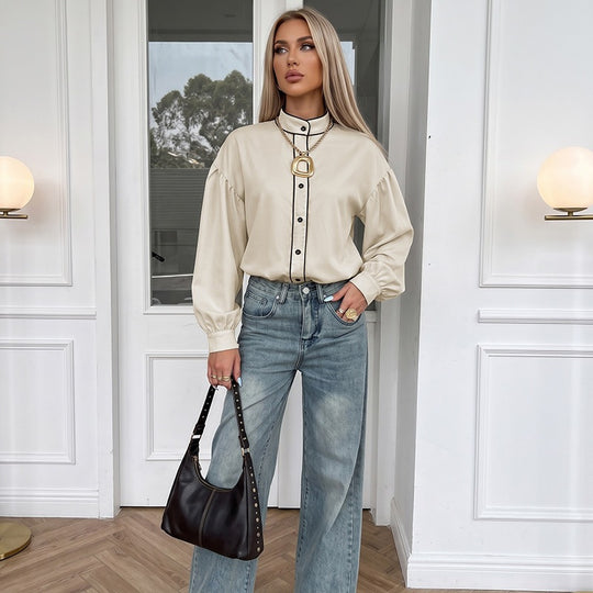 Damen Elegante Bluse mit Stehkragen und Puffärmeln Nord Taschen