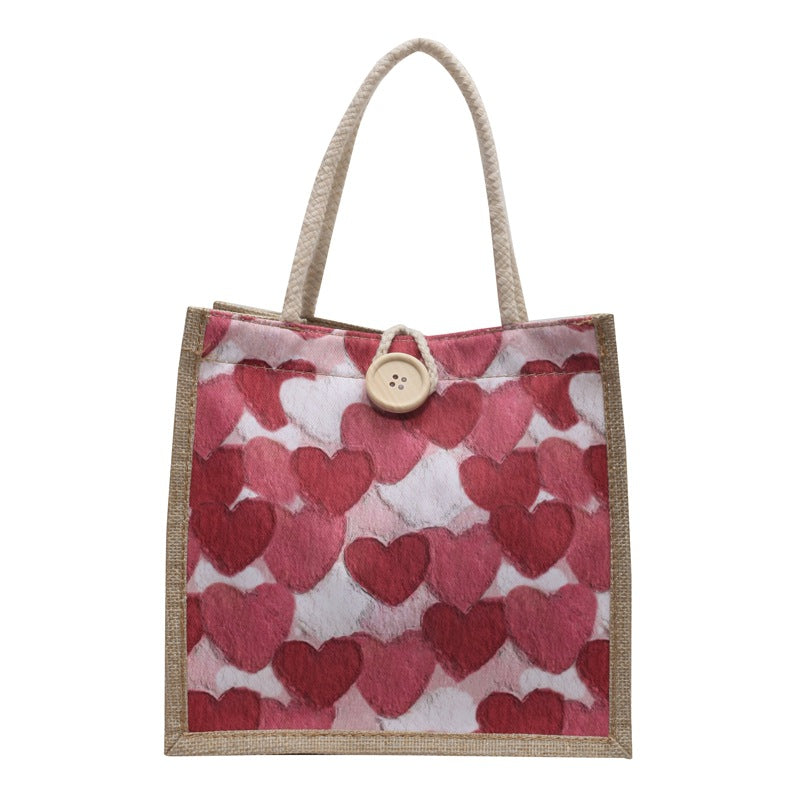 Damen Jute Tragetasche mit liebevollem Herzdesign und praktischem Knopfverschluss Nord Taschen
