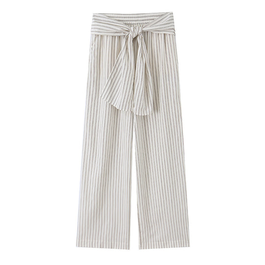 Damen Weite Highwaist-Hose mit vertikalen Streifen und Bindegürtel Nord Taschen