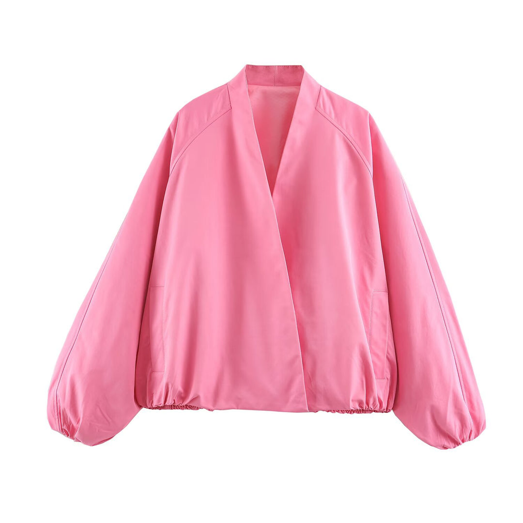 Damen Leichte Oversize‑Utilityjacke mit Tunnelzug‑Taillierung, Stehkragen und Ballonärmeln Nord Taschen