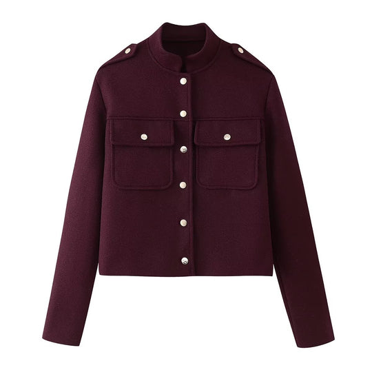 Damen Kurze Cropped‑Utilityjacke aus Wollmix mit Stehkragen und aufgesetzten Klappentaschen Nord Taschen