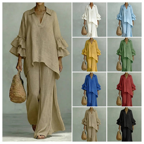 Damen Leinen-Loungewear-Set mit Volantärmeln und weitem Palazzo-Hose Nord Taschen