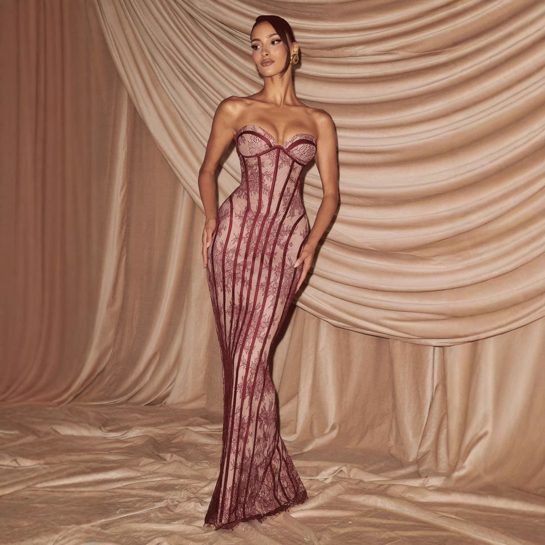 Damen figurbetontes Spitzenkleid mit Bustier-Oberteil und eleganten Details