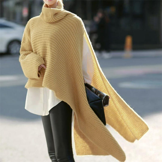 Damen Asymmetrischer Rollkragen-Poncho mit seitlichem Cape-Detail Nord Taschen