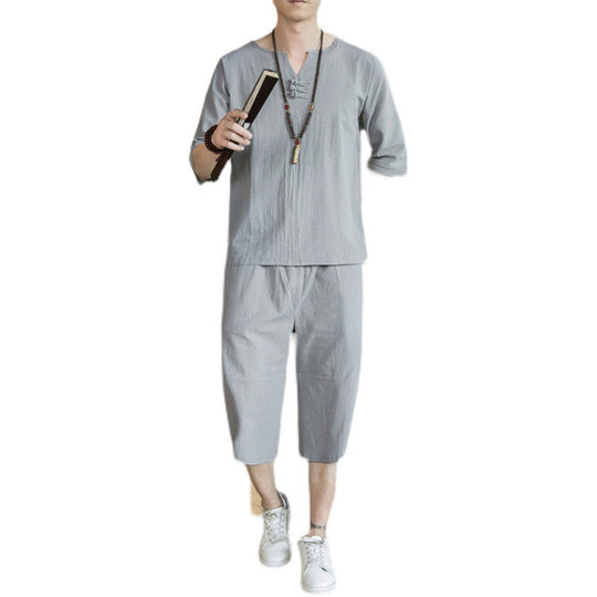 Herren Leichtes Leinen-Relax-Set mit dreiviertelärmeliger Tunika und verkürzter Culotte-Hose Nord Taschen