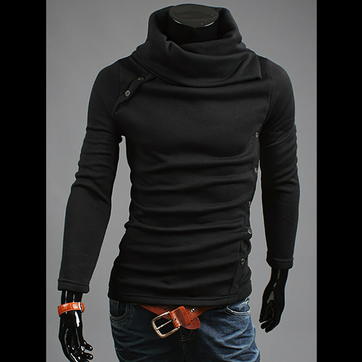 Herren Strickpullover mit großem Schalkragen, asymmetrischer Knopfleiste und schmaler Silhouette Nord Taschen