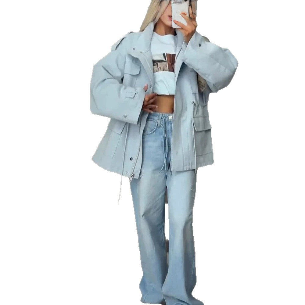 Damen Oversize Utility-Jacke mit Tunnelzugtaillierung, hohem Stehkragen und Pattentaschen Nord Taschen