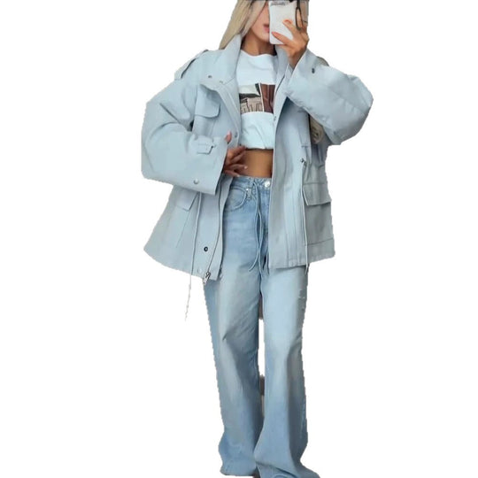 Damen Oversize Utility-Jacke mit Tunnelzugtaillierung, hohem Stehkragen und Pattentaschen Nord Taschen