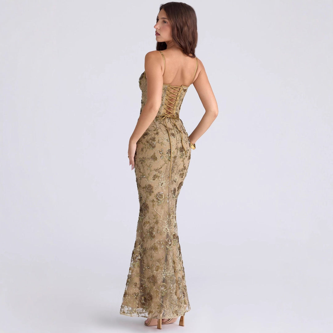 Damen nan elegantes besticktes Abendkleid mit Korsettoberteil und transparentem Spitzenüberzug - Vittorelli