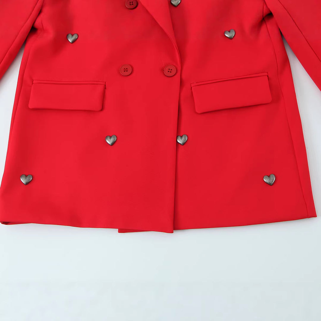 Damen Zweireihiger Blazer mit Herz‑Metalldetails und Pattentaschen Nord Taschen