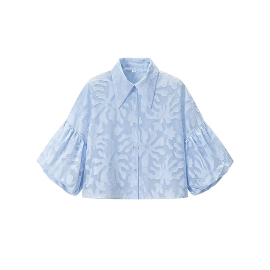 Damen Transparente Organza-Bluse mit weitem Schnitt, Volumenärmeln und Hemdkragen Nord Taschen