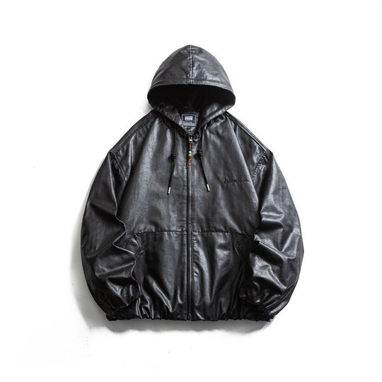 Herren Kurz geschnittene Kunstleder-Kapuzenjacke im Boxy‑Cut mit elastischem Saum und Kängurutaschen Nord Taschen
