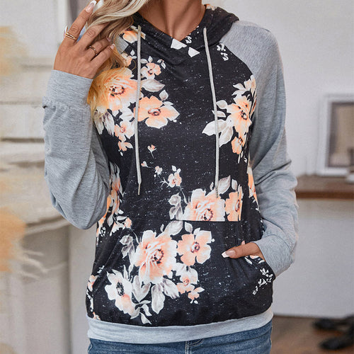 Damen Lässiger Kapuzenpullover mit floralem Print, Raglanärmeln und Kängurutasche Nord Taschen