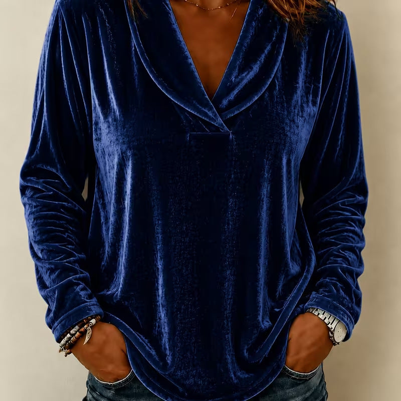 Damen Samt-Longsleeve mit tiefem V-Ausschnitt und lässigem Saum Nord Taschen
