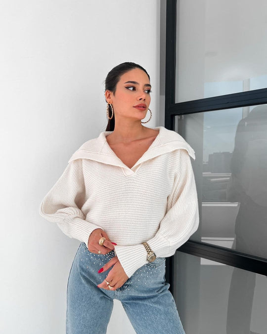 Damen Oversize Rippsweater mit Reverskragen und tiefem V‑Ausschnitt Nord Taschen