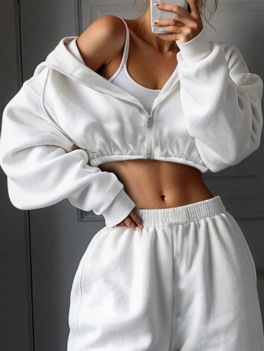 Damen athletisches Cropped-Zip-Hoodie und weite High-Waist Lounge-Jogginghose Nord Taschen