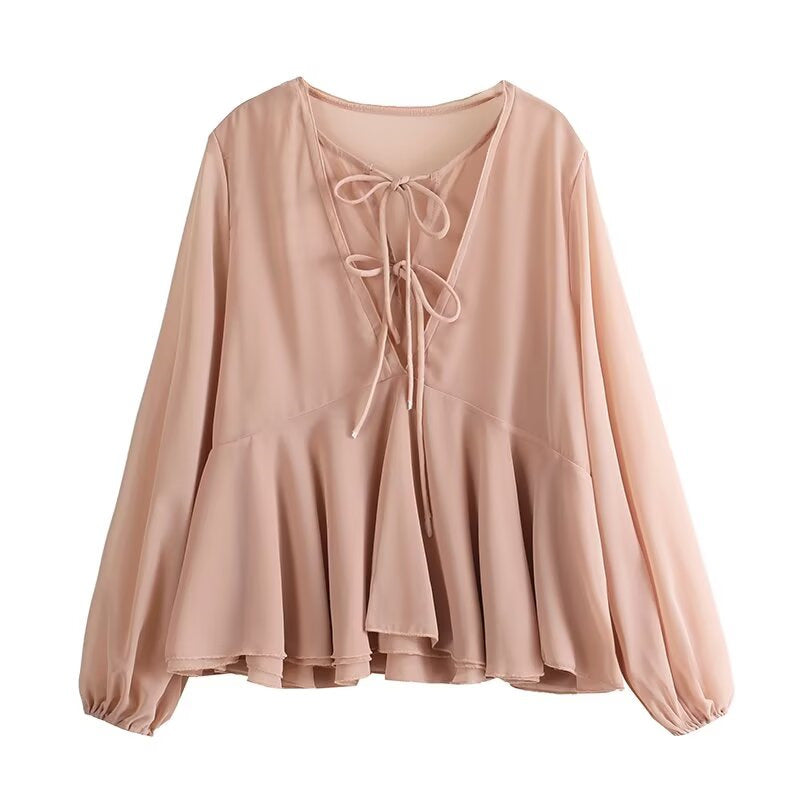 Damen Weiche Chiffonbluse mit Schnürung, V‑Ausschnitt und Volantsaum Nord Taschen