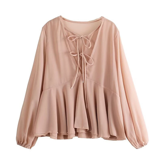 Damen Weiche Chiffonbluse mit Schnürung, V‑Ausschnitt und Volantsaum Nord Taschen
