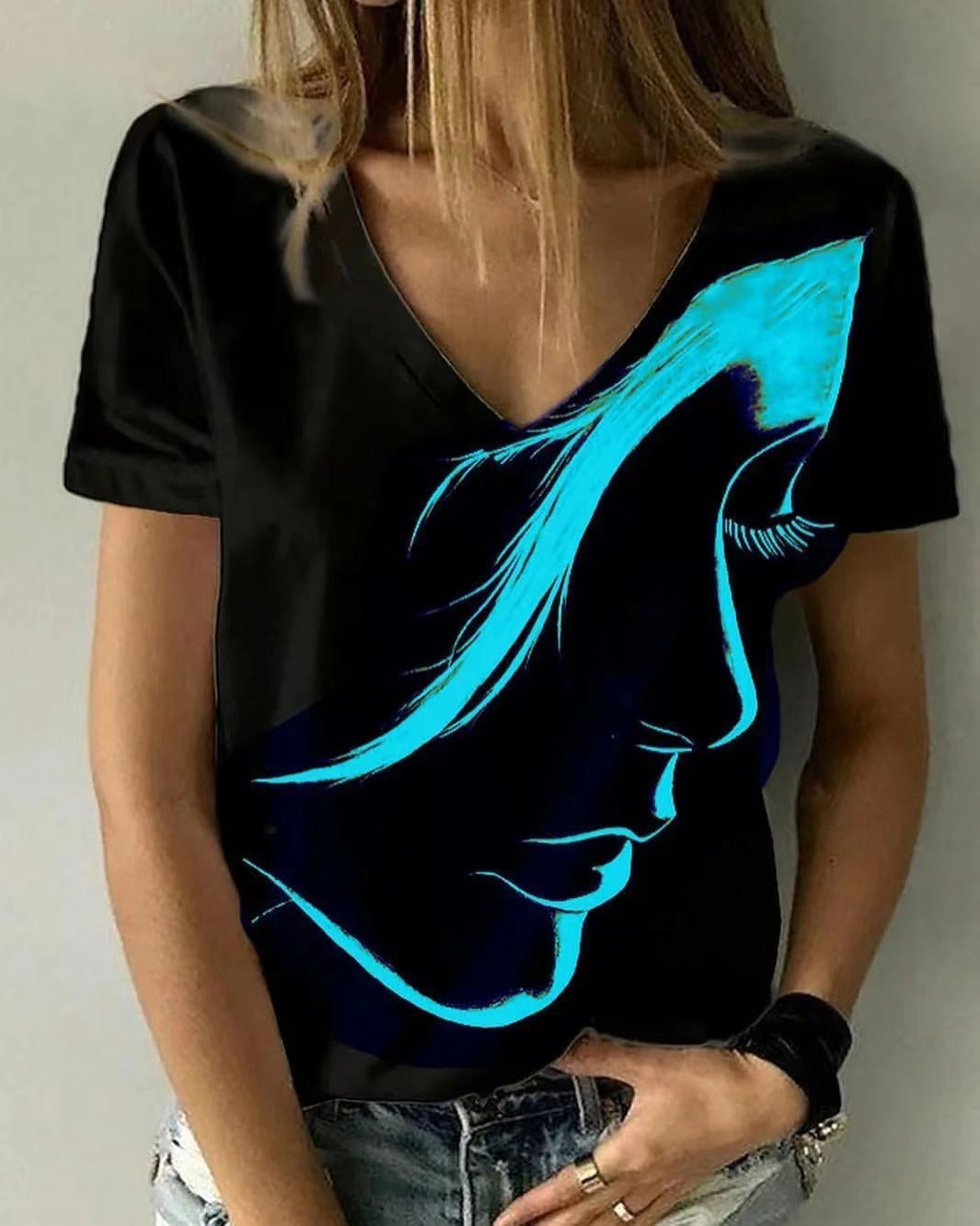 Damen V-Ausschnitt T-Shirt mit kreativem Grafikdruck