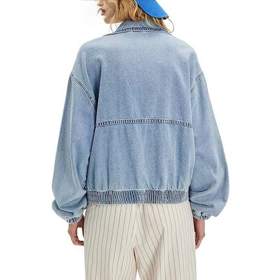 Damen Leichte Cropped-Jeansjacke mit Gummibündchen und Reißverschluss Nord Taschen